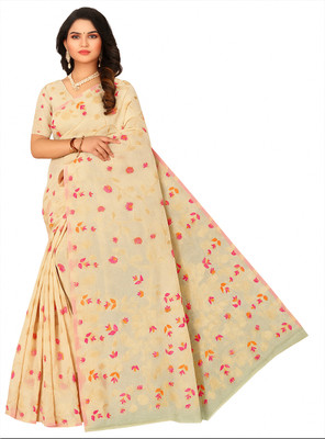 JAINA SAREES Floral Print Daily Wear Cotton Silk Saree(Cream)