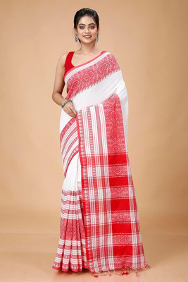 SSK Striped Bollywood Cotton Blend Saree(White)