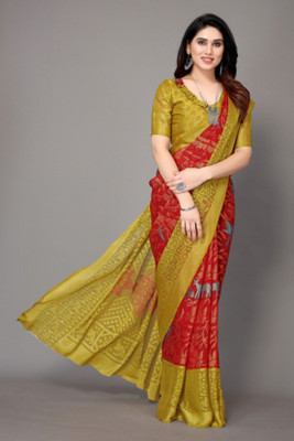 VISIONEMBRO Printed Bollywood Brasso Saree(Red)