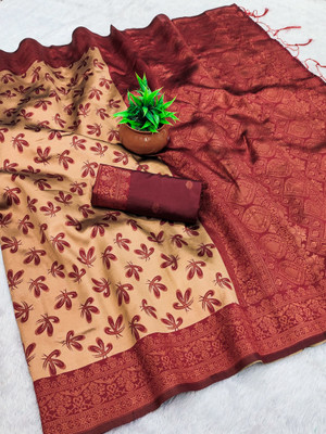 AVANTIKA FASHION Woven Kanjivaram Pure Silk, Art Silk Saree(Cream, Maroon)