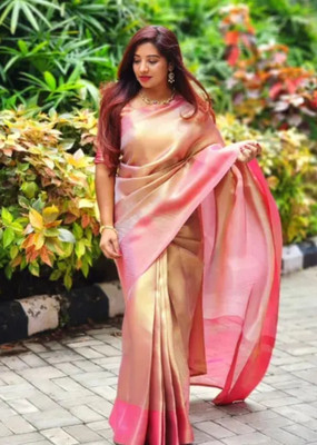 Silk sarees mart Solid/Plain Bollywood Tissue, Jacquard Saree(Pink)