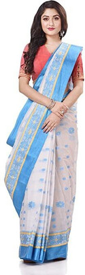 Desh Bidesh Woven, Paisley, Self Design, Striped Handloom Handloom Cotton Blend, Pure Cotton Saree(White)