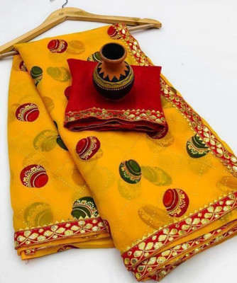 S.R.TEXTILES Printed Bandhani Georgette Saree(Yellow, Red)