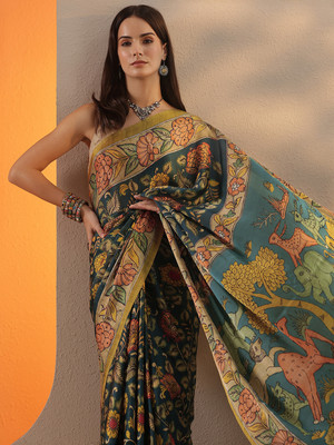 LIBAS Printed Daily Wear Satin Saree(Green)