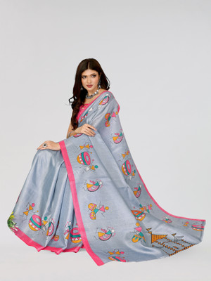 Nirvaan Printed Mysore Art Silk Saree(Grey)