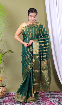 Priya Woven Banarasi Linen Saree(Dark Green)