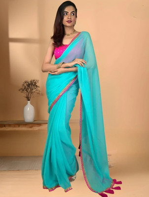 HIJA TRENDZ Solid/Plain Bollywood Georgette Saree(Light Blue)