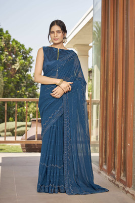 SUTRAM Embellished Bollywood Chiffon Saree(Blue)