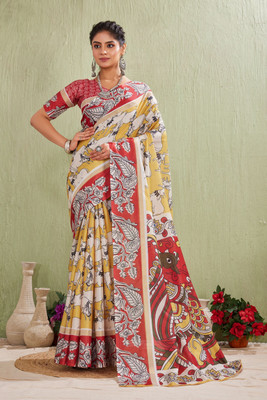 PremVastra Digital Print Kalamkari Mulmul Saree(Multicolor)