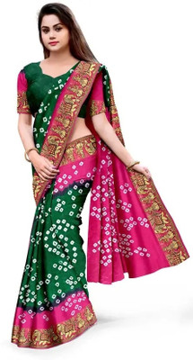 rajranitextiles Printed Bandhani Georgette Saree(Green, Pink)