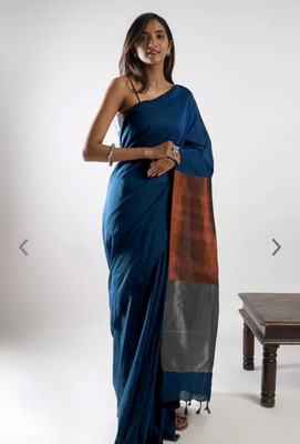 ratnadip Solid/Plain Bollywood Handloom Cotton Blend Saree(Light Blue)