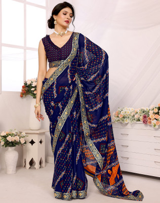 YASHIKA Printed Bollywood Georgette, Lace Saree(Blue)