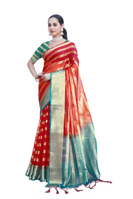 Aarunika SBT Solid/Plain, Printed Bollywood Organza Saree(Red)