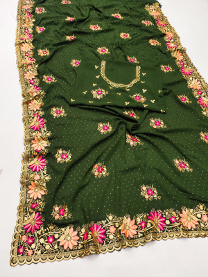 MIYANIFAB Embroidered Bollywood Georgette Saree(Light Green)
