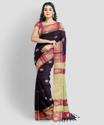 S S CREATION Printed Paithani Cotton Silk Saree(Black, Multicolor)