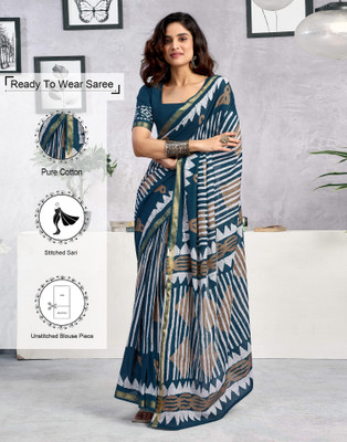 Samah Blocked Printed, Floral Print, Geometric Print Daily Wear Pure Cotton Saree(Blue, Beige, White)