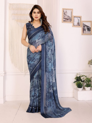 Ira Impex Printed Bollywood Satin Saree(Dark Blue)
