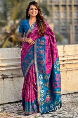 ROOP LAVANYA Woven Patola Cotton Silk, Jacquard Saree(Pink, Light Blue)