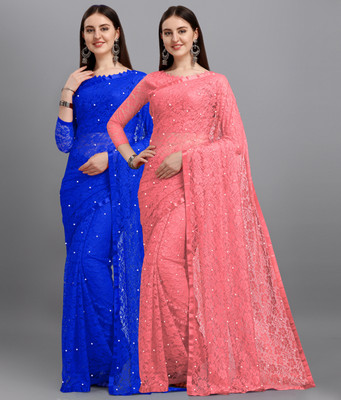 LOROFY Self Design Bollywood Net Saree(Pack of 2, Blue, Pink)