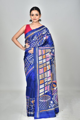 Ramshyam Collection Woven Kantha Pure Silk Saree(Blue)