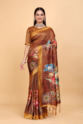 Mugdarra Floral Print Daily Wear Cotton Silk Saree(Mustard)