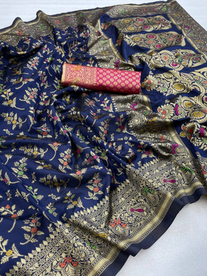 Rudr Venture Graphic Print Banarasi Jacquard Saree(Dark Blue)