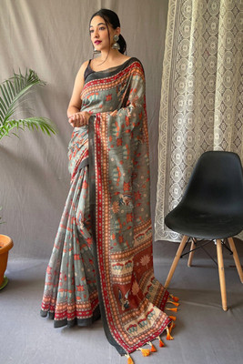 FASHION STROM Digital Print Kalamkari Silk Blend Saree(Green)
