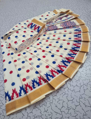 Kjs Printed Kasavu Handloom Pure Cotton Saree(Multicolor)