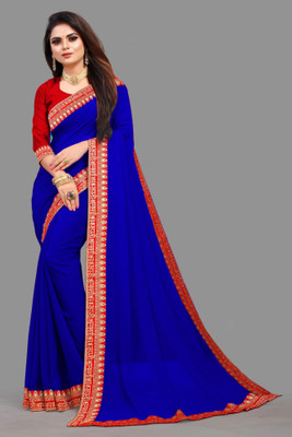 omeeka Temple Border Bollywood Georgette Saree(Blue)