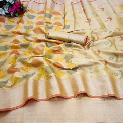 KanjiQueen Woven Kanjivaram Silk Blend Saree(Orange)