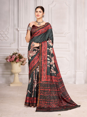 Rudrakala Digital Print, Floral Print, Geometric Print, Graphic Print, Self Design Bollywood Crepe, Silk Blend Saree(Black, Red)