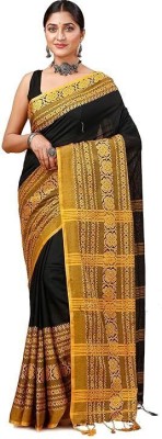 ANAMIKA Store Printed Handloom Cotton Blend Saree(Black, Mustard)