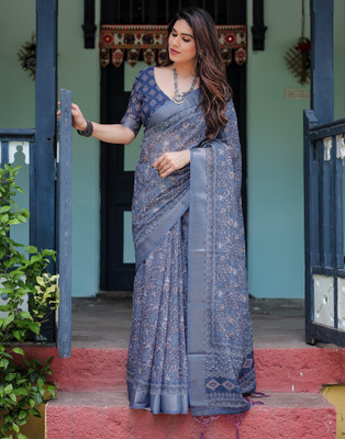 Samah Graphic Print, Printed Kalamkari Cotton Linen Saree(Blue)