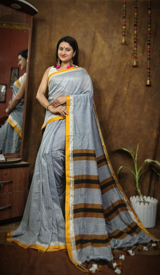 HARE KRISHNA ENTERPRISE Solid/Plain Handloom Cotton Silk Saree(White)