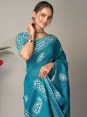 MADHAV Blocked Printed Chanderi Cotton Blend Saree(Light Blue)