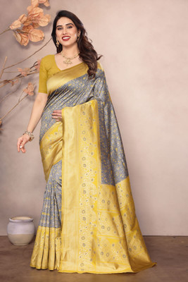 hitesh pahuja Woven Banarasi Cotton Silk Saree(Grey, Yellow)