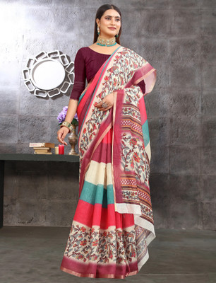 Mervadiya Printed Kanjivaram Pure Cotton, Cotton Linen Saree(Magenta)