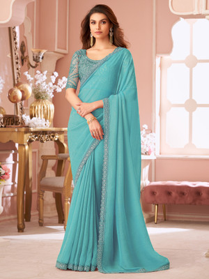 Sareemall Embellished Bollywood Georgette Saree(Light Blue)