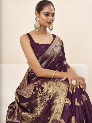 HERE N NOW Woven Banarasi Satin Saree(Purple)