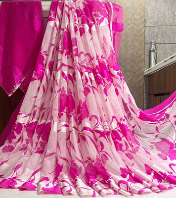 Bombey Velvat Fab Printed, Solid/Plain Pochampally Mulmul, Chiffon Saree(Pink, White)