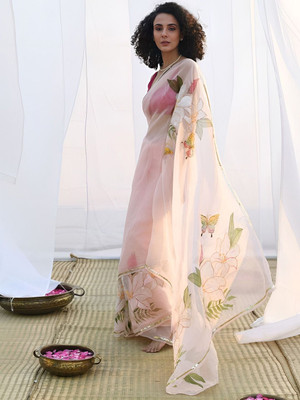 ANOUK Printed Chanderi Organza Saree(Pink)