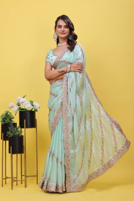 GREENA CREATION Embroidered, Woven, Self Design, Embellished Bollywood Satin Saree(Light Blue)