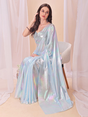 XOOM LADY Solid/Plain Bollywood Lycra Blend Saree(Light Blue)