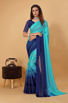 Pionex Woven, Striped, Solid/Plain Daily Wear Georgette Saree(Light Blue)