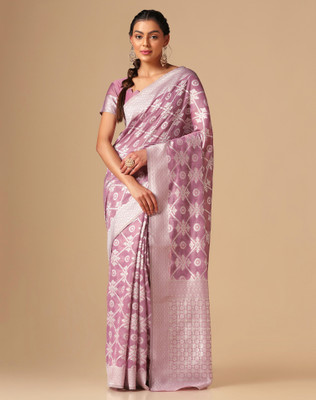 Samah Woven, Embellished, Self Design Banarasi Cotton Blend Saree(Purple, Silver)