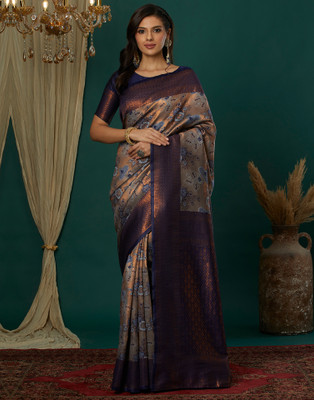 Samah Woven, Embellished Kanjivaram Silk Blend, Jacquard Saree(Grey)