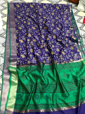 Montauk Fabians Floral Print, Woven Banarasi Pure Cotton Saree(Purple, Green, Silver)