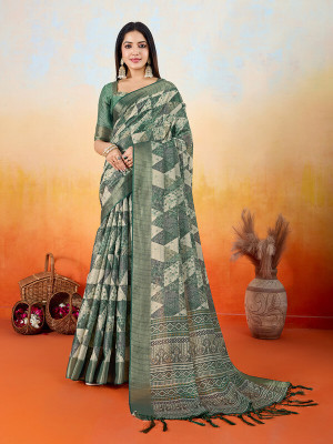 Divastri Digital Print, Printed, Woven Banarasi Tissue Saree(Green)