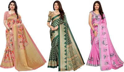 Nirvaan Printed Bollywood Art Silk Saree(Pack of 3, Pink, Dark Green)