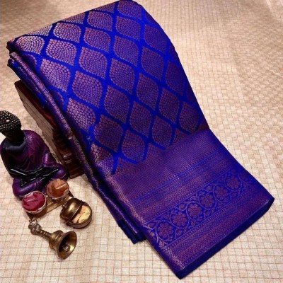 Tapienterpice Solid/Plain Banarasi Cotton Silk Saree(Blue)